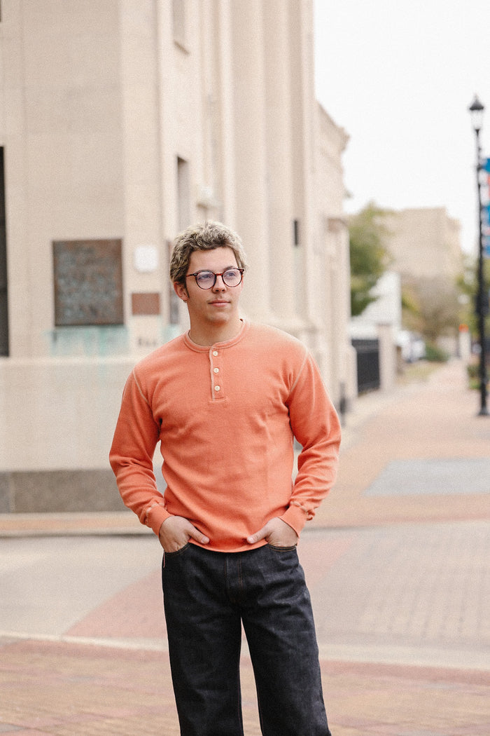 FN-THLH-004 -The Flat Head  Thermal L/S Henley T-shirt  - Light Orange