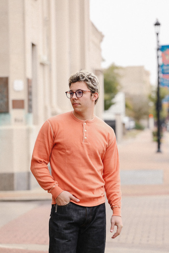 FN-THLH-004 -The Flat Head  Thermal L/S Henley T-shirt  - Light Orange
