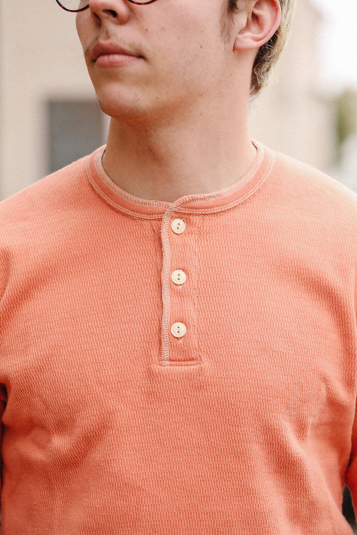 FN-THLH-004 -The Flat Head  Thermal L/S Henley T-shirt  - Light Orange