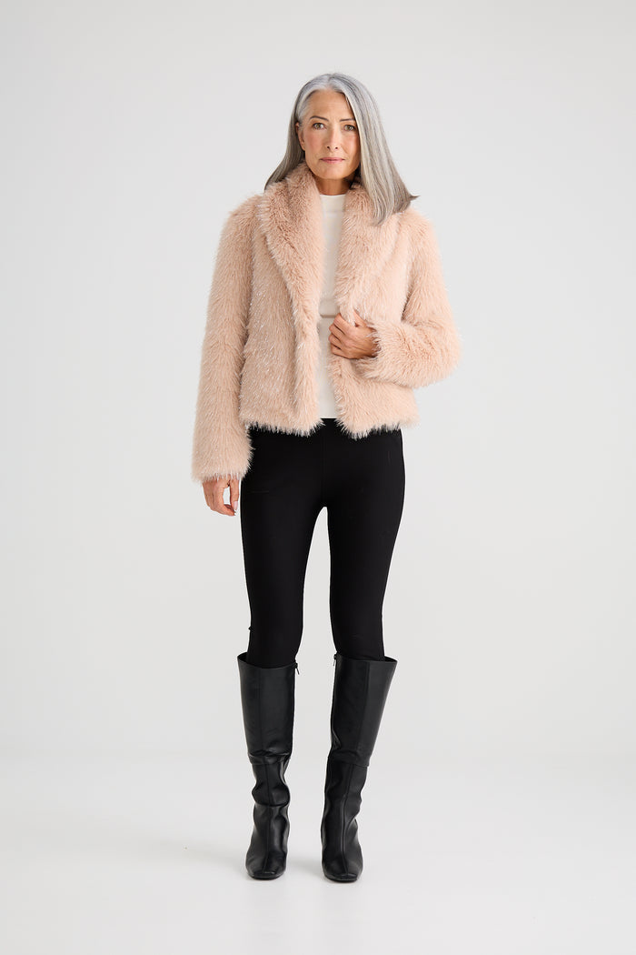 Brave + True Glamour Faux Fur Jacket in Blush Sparkle | Women's Jackets | Gretel Lane