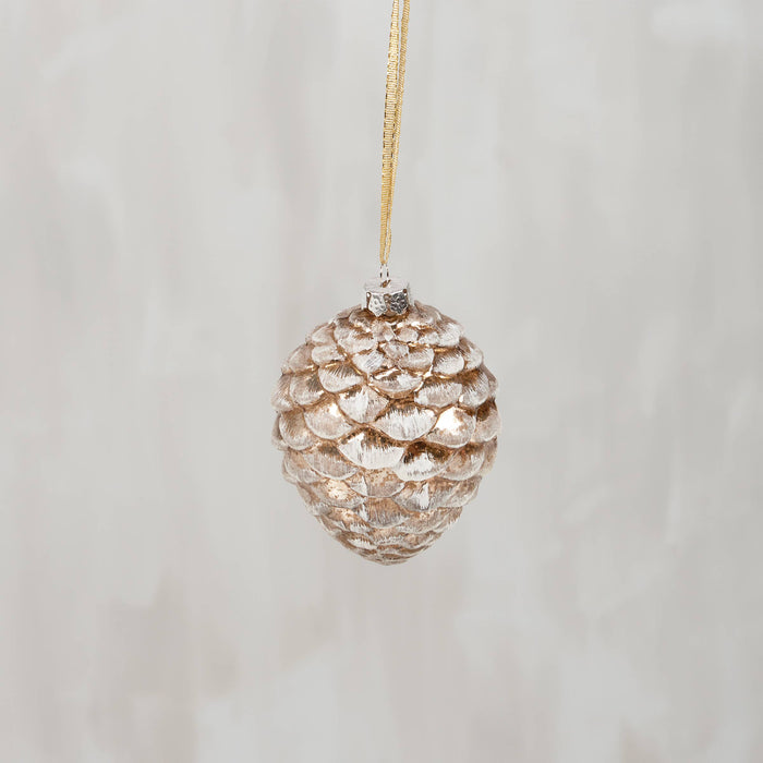 GLASS SNOWY PINECONE CHRISTMAS ORNAMENT