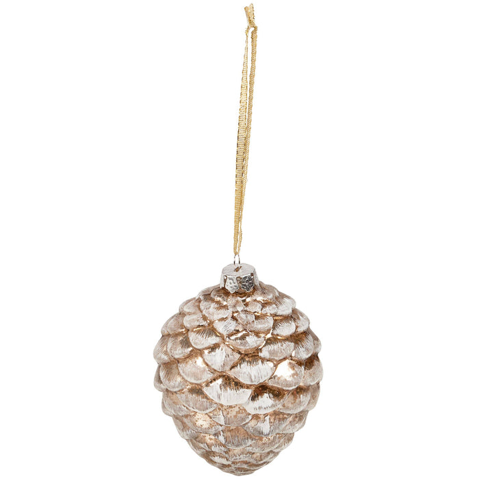 GLASS SNOWY PINECONE CHRISTMAS ORNAMENT