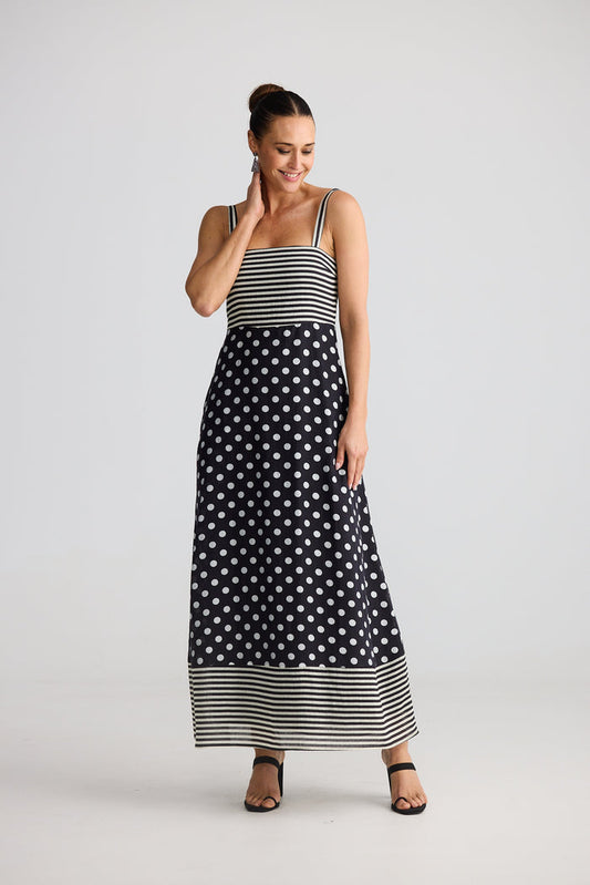 Brave + True Grace Dress in Spot Stripe | Black and White Spot & Stripe Maxi Dress with Adjustable Straps | Women’s Clothing Australia