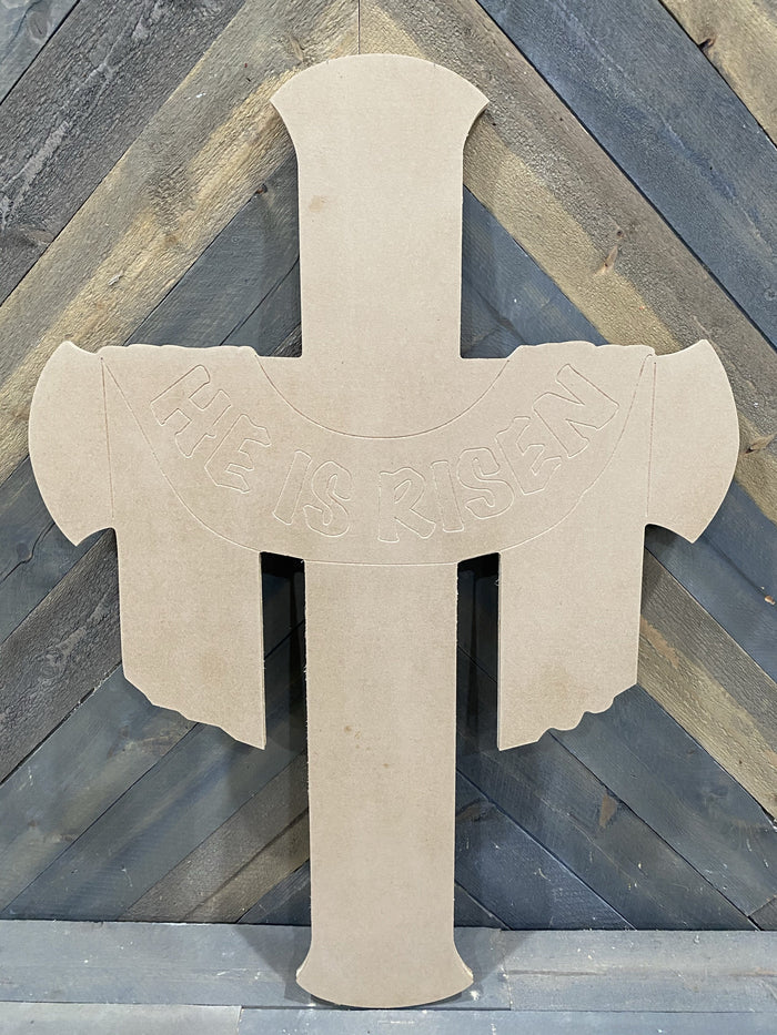 blank he is risen scarf over a blank cross ready to be painted