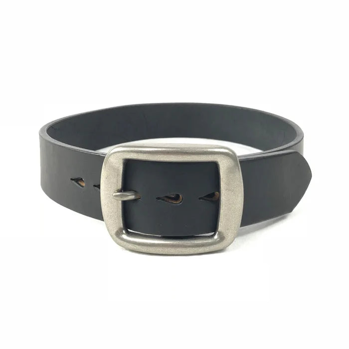 Black leather belt with a square brushed metal buckle, classic sturdy design by Iron Shop Provisions