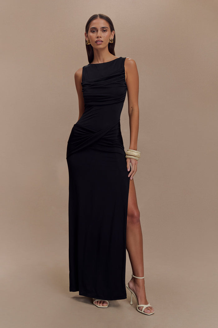 Henley Slinky Drape Maxi Dress - Black