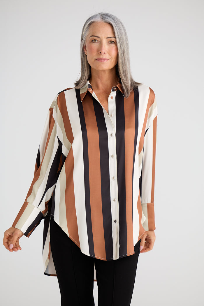 Brave + True Homestead Satin Shirt in Tan and Black Stripe | Women's Fashion | Gretel Lane