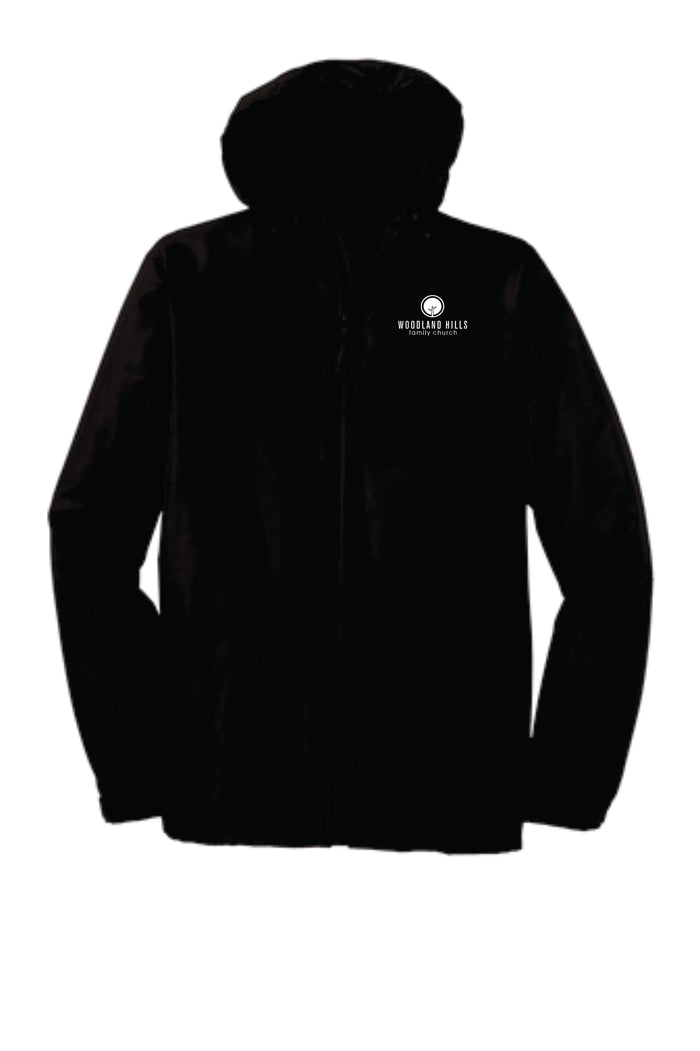 Hooded Charger Jacket White Woodlands Hills Logo