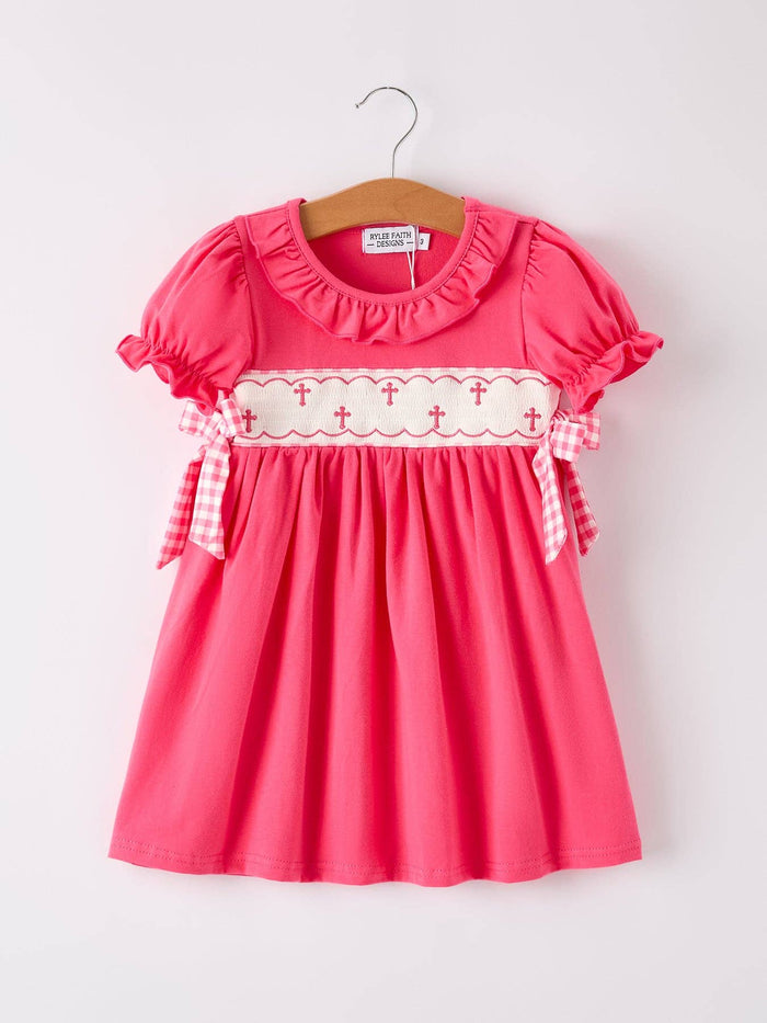 Hot Pink Smocked Cross Bishop Dress - Premium Baby & Toddler Dresses from Rylee Faith Designs - Just $26.95! Shop now at Pat's Monograms
