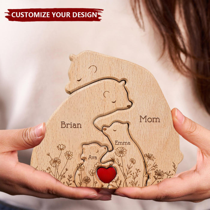 Hugging Bear Family Floral Version - Personalized Wooden Bear Family Puzzle