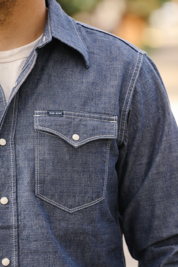 Close-up of a blue denim shirt with a pocket and buttons.