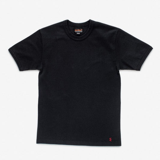 Black short-sleeve basic t-shirt with small red logo on lower front, displayed flat on white background