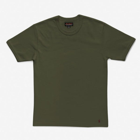 Olive green crew neck t-shirt with short sleeves and small embroidered detail at hem