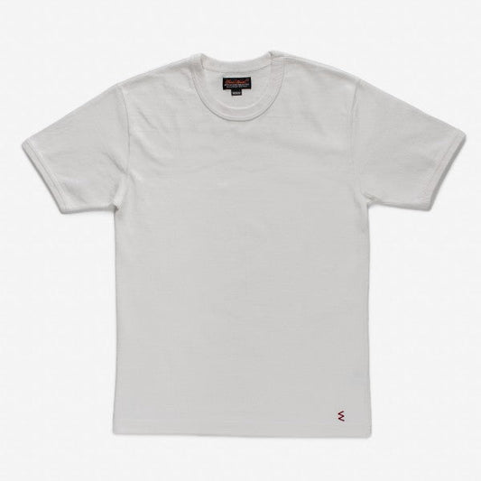 Plain white short-sleeve crew neck t-shirt with small red embroidered logo near hem, shown on white background
