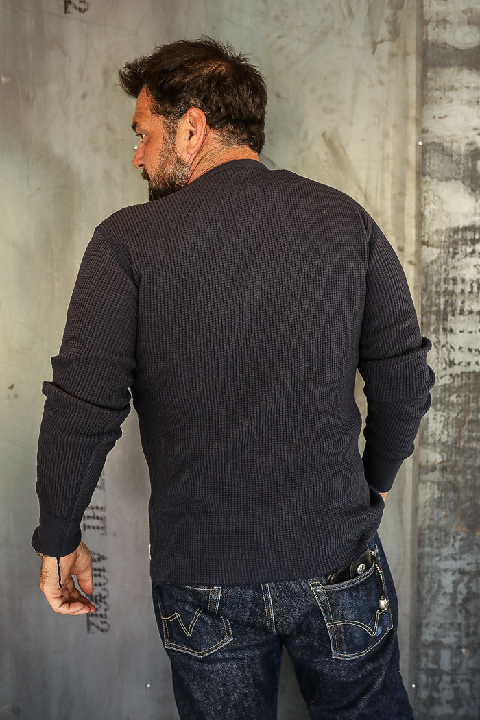 IHTL-1301-NAV 1301 Waffle Knit Long Sleeved Crew Neck Thermal Top - Navy