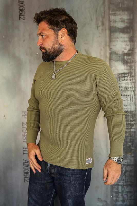 IHTL-1301-OLV 1301 Waffle Knit Long Sleeved Crew Neck Thermal Top - Olive