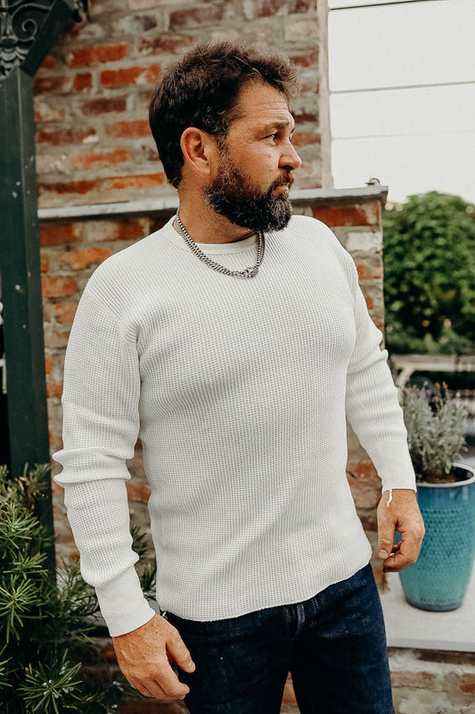 IHTL-1301-WHT 1301 Waffle Knit Long Sleeved Crew Neck Thermal Top - White