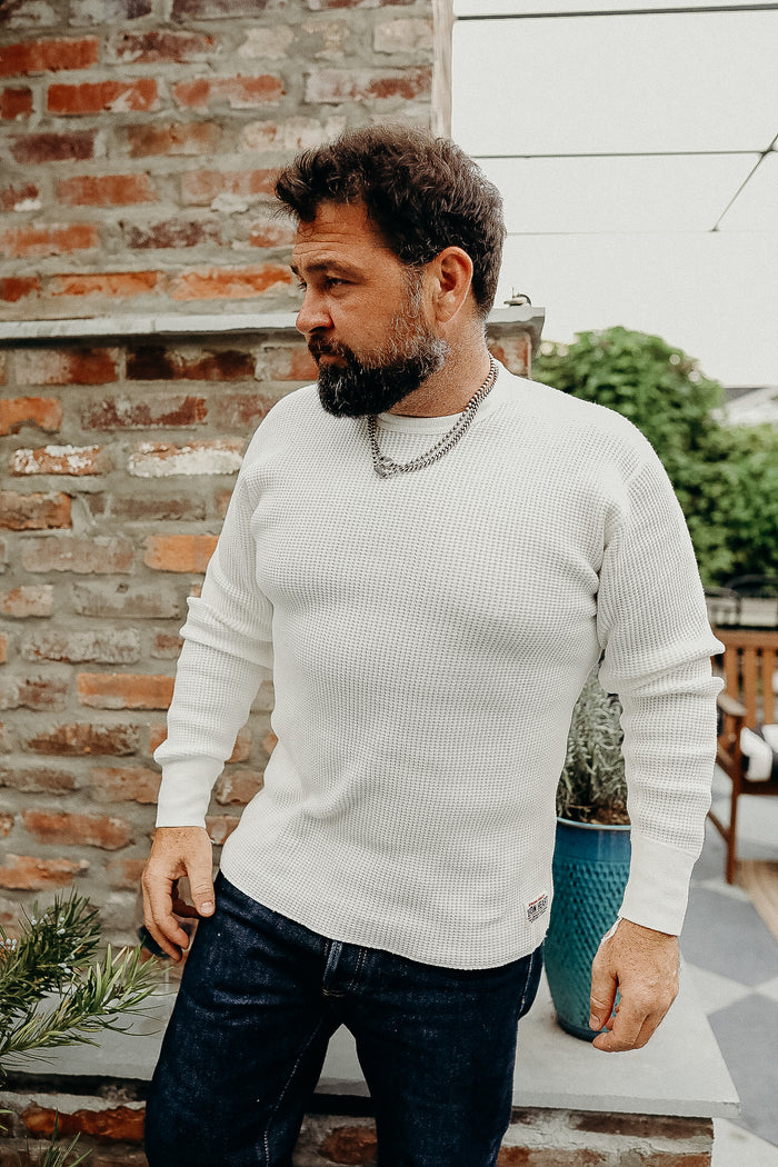 IHTL-1301-WHT 1301 Waffle Knit Long Sleeved Crew Neck Thermal Top - White