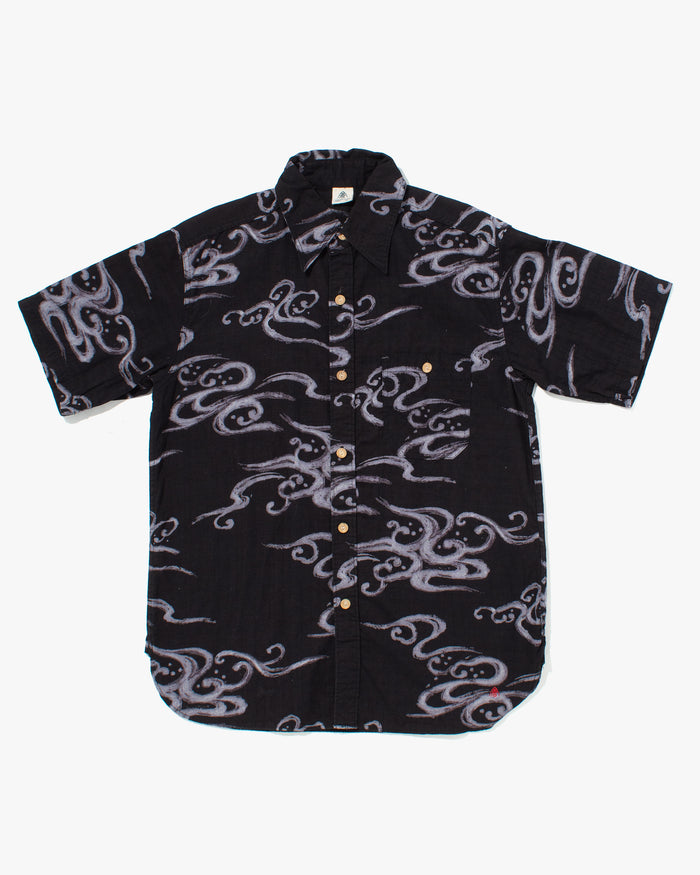 Japanese Repro Button Up Shirt, Eternal, Black with Abstract Details - M