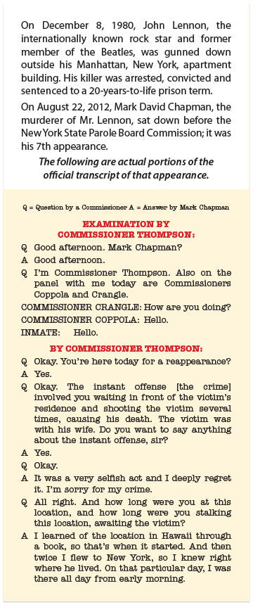 John Lennon's Killer: Parole Board Transcript Released! (NIRV)