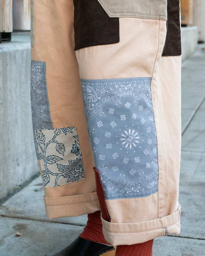 Kiriko Custom Patched Overalls, Colorblock Canvas, Tan