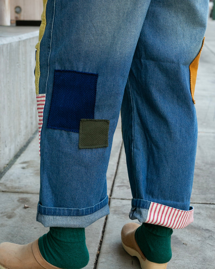 Kiriko Custom Patched Overalls, Colorblock Denim #2