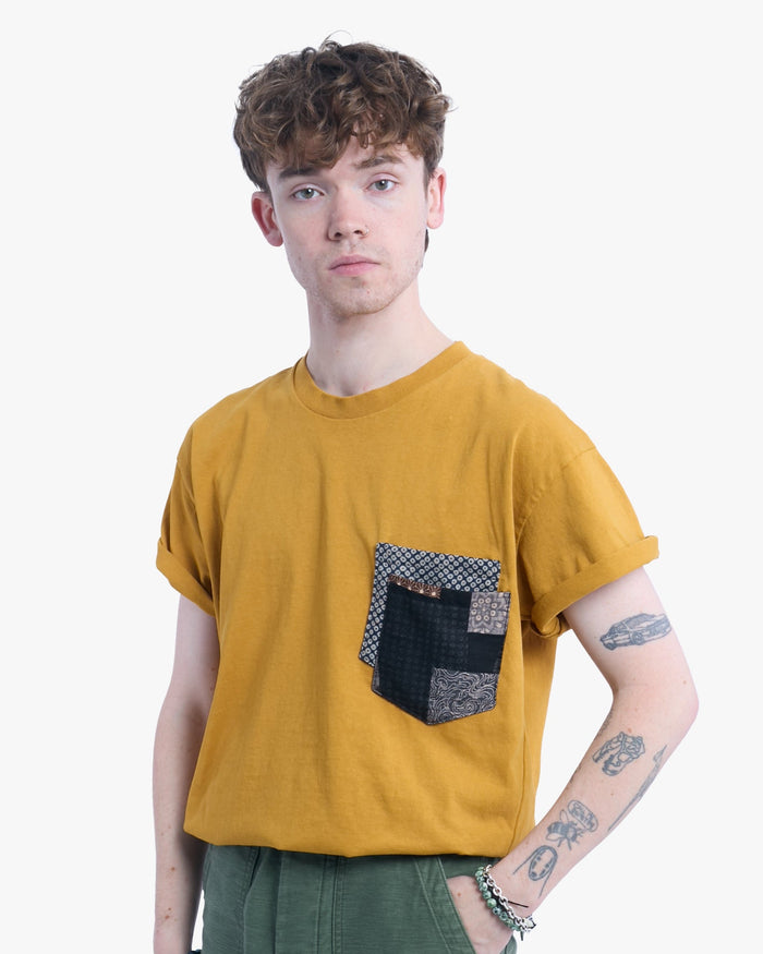 Kiriko Original Tee, 8 oz. US Made, Double Pocket Tee, Yellow, Indigo Shibori and Charcoal Patchwork Style