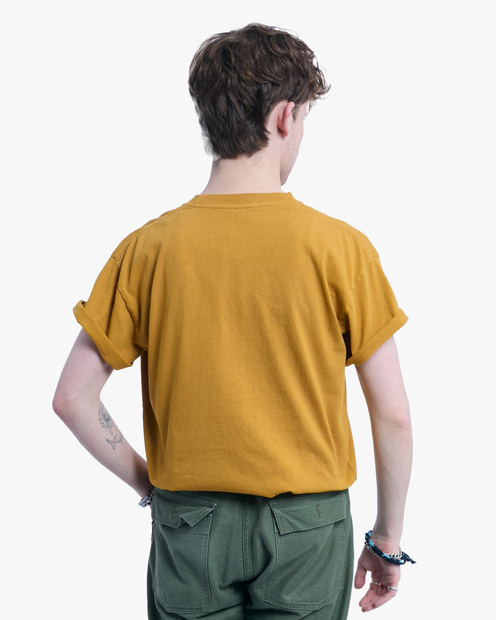 Kiriko Original Tee, 8 oz. US Made, Double Pocket Tee, Yellow, Indigo Shibori and Charcoal Patchwork Style