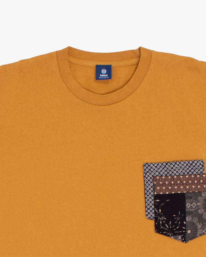 Kiriko Original Tee, 8 oz. US Made, Double Pocket Tee, Yellow, Indigo Shibori and Charcoal Patchwork Style