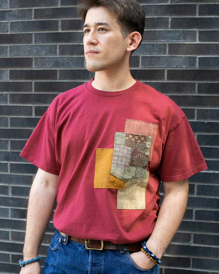 Kiriko Original Tee, 8oz Cotton, Patched Pocket Tee, Red with Gold Kanoko, Azuki Patchwork and Old Rose