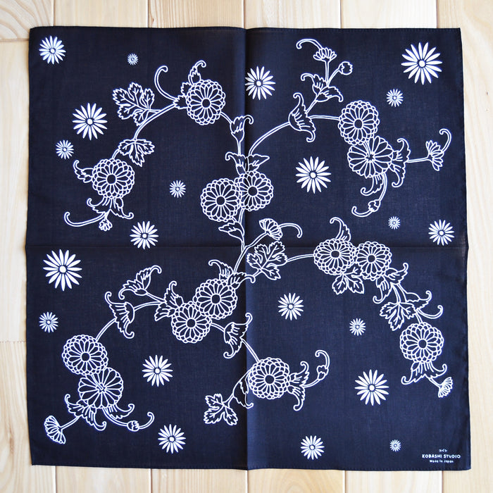 Kobashi Studio BN53BK Japanese Chrysanthemum Bandana- Black “Shikkoku”