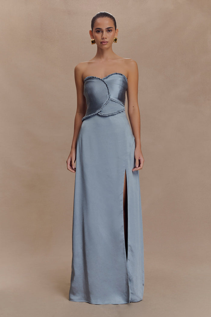 Larissa Satin Maxi Dress With Ruched Petals - Frosted Blue