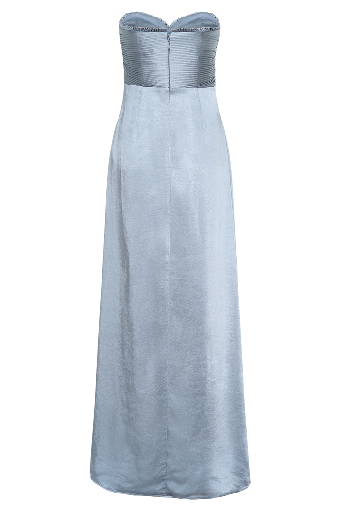 Larissa Satin Maxi Dress With Ruched Petals - Frosted Blue