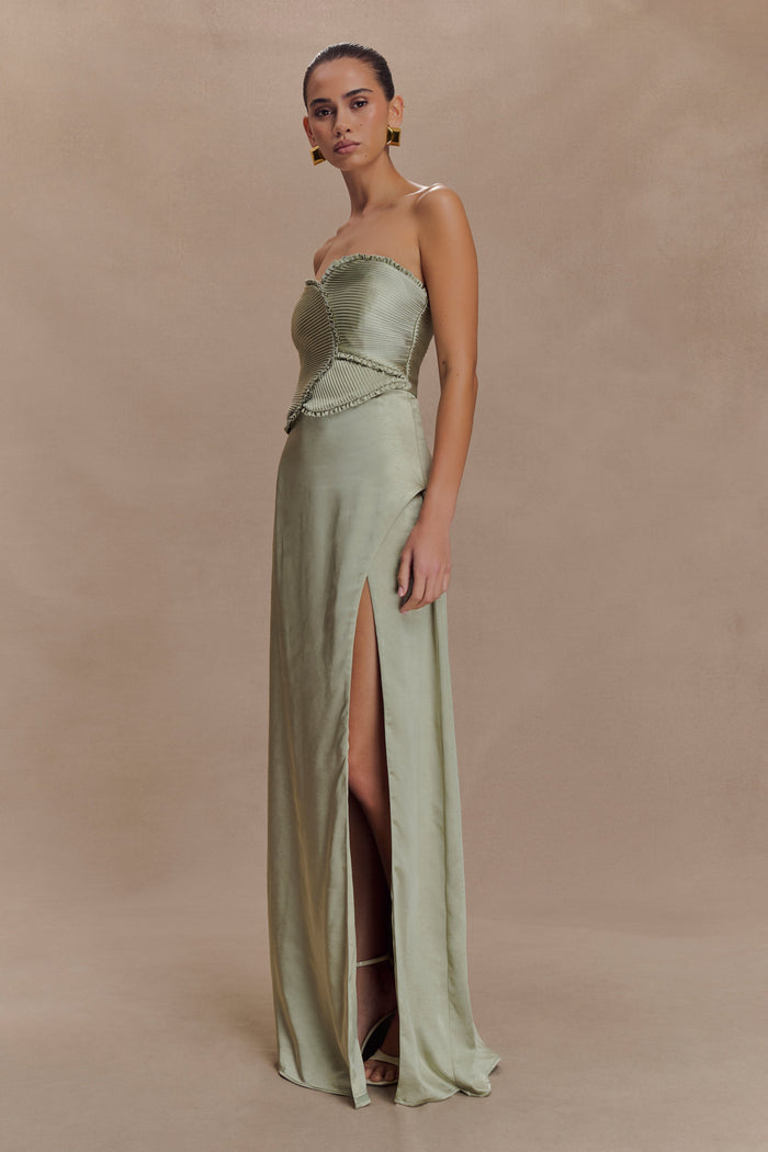 Larissa Satin Maxi Dress With Ruched Petals - Sage