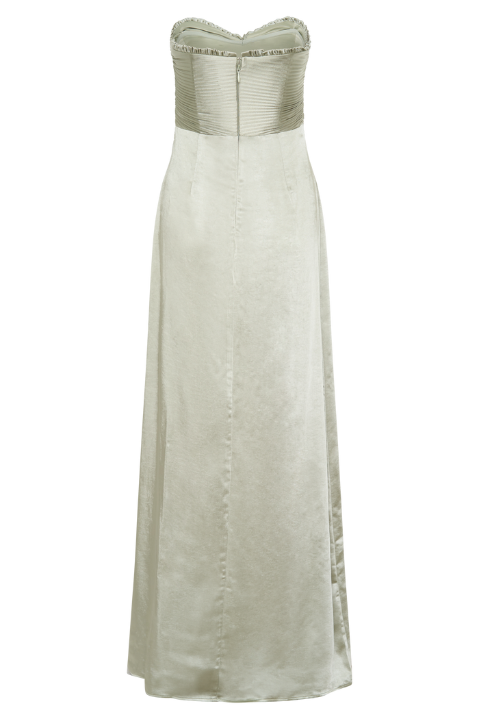 Larissa Satin Maxi Dress With Ruched Petals - Sage