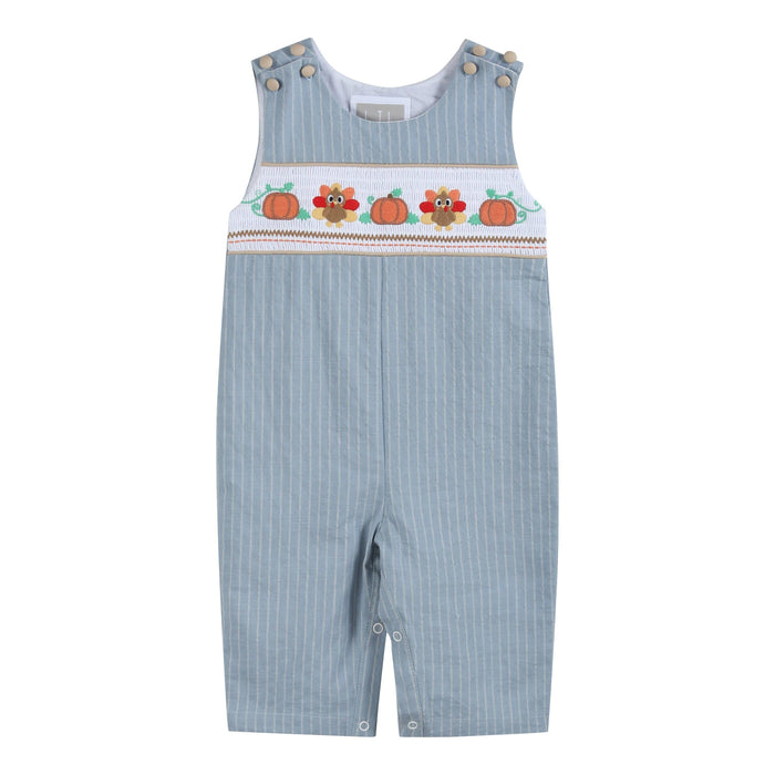 Light Blue Pinstripe Turkey Smocked Overalls - Premium  from Lil Cactus - Just $36! Shop now at Pat's Monograms