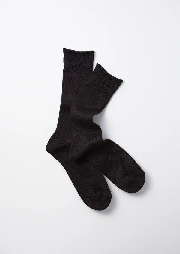 Linen Cotton Rib Crew Socks- Black