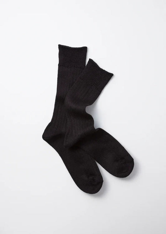 Linen Cotton Rib Crew Socks- Black