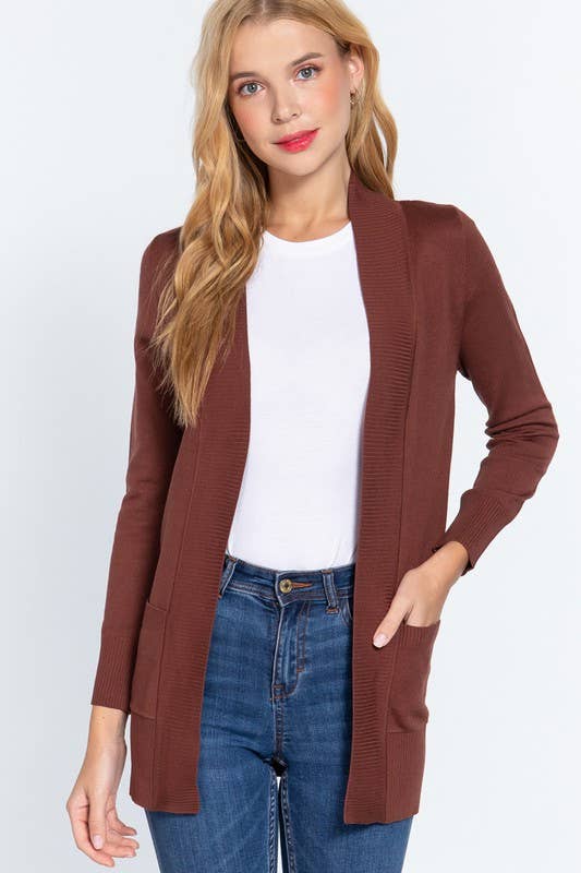 LONG SLEEVE RIB BANDED OPEN SWEATER CARDIGAN