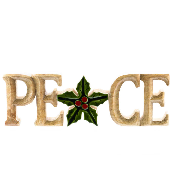 Mango Wood Peace w/ Holly - Premium holiday decor from Oak Street - Just $13.95! Shop now at Pat's Monograms