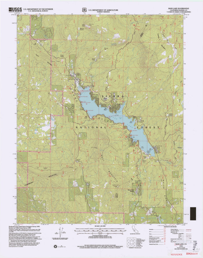 Map of Bass Lake, California by USGS, 1993 – Sierra National Forest & Madera County