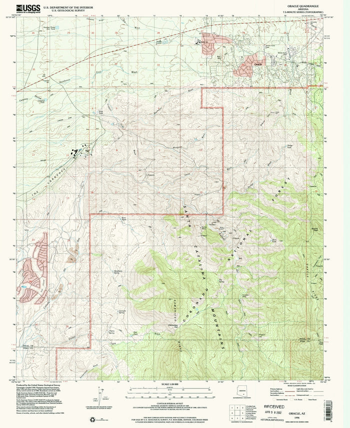 Map of Oracle, Arizona by USGS, 1996 – Catalina Mountains, San Pedro River & Mt. Lemmon