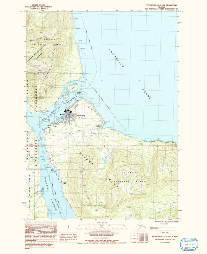 Map of Petersburg, Alaska by USGS, 1992 – Mitkof Island, Wrangell Strait & Frederick Sound