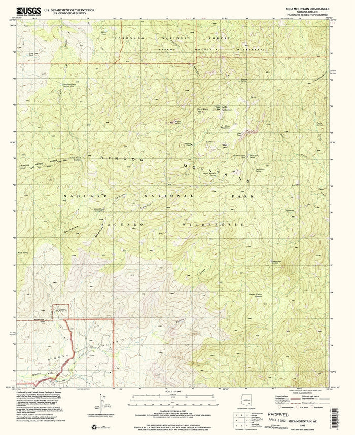 Map of Saguaro National Park, Arizona by USGS, 1996 – Mica Mountain, Rincon District & Tucson