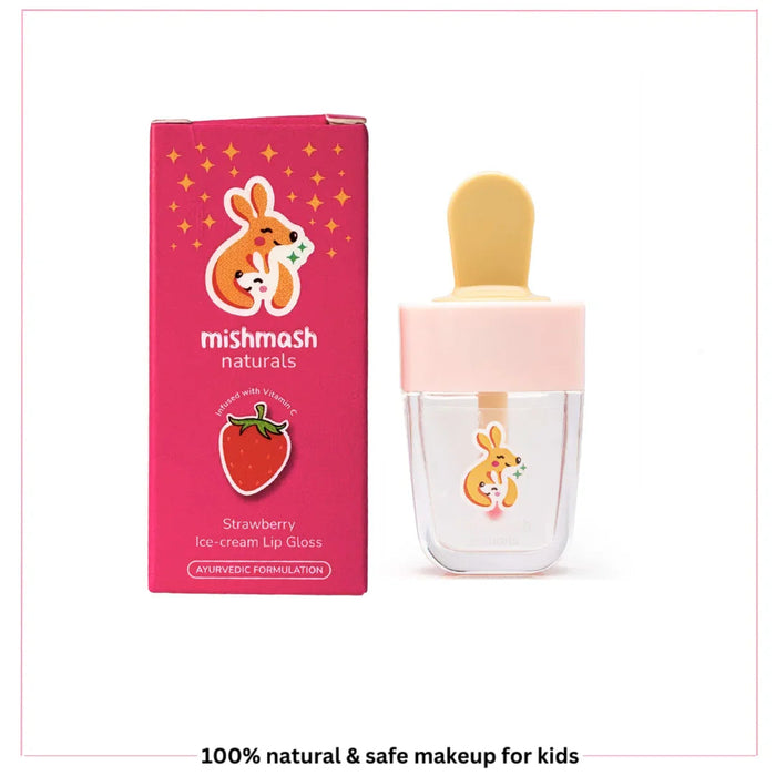 Strawberry ice-cream lip gloss with pink packaging featuring mishmash naturals branding on a white background.