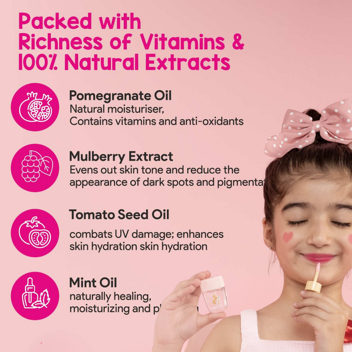 Product advertisement with a child holding a container, featuring natural ingredients and benefits on a pink background.