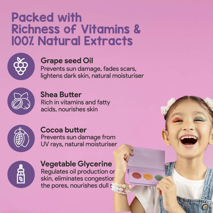 Product advertisement with a child holding a skincare product against a pink background, featuring natural ingredients and their benefits.