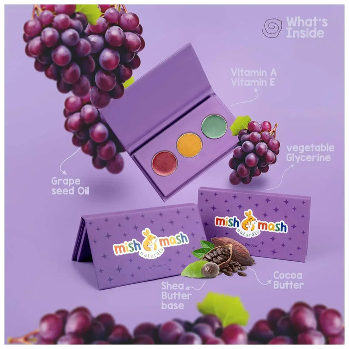 Purple packaging of mish & mash with grape seeds and a grape on a purple background