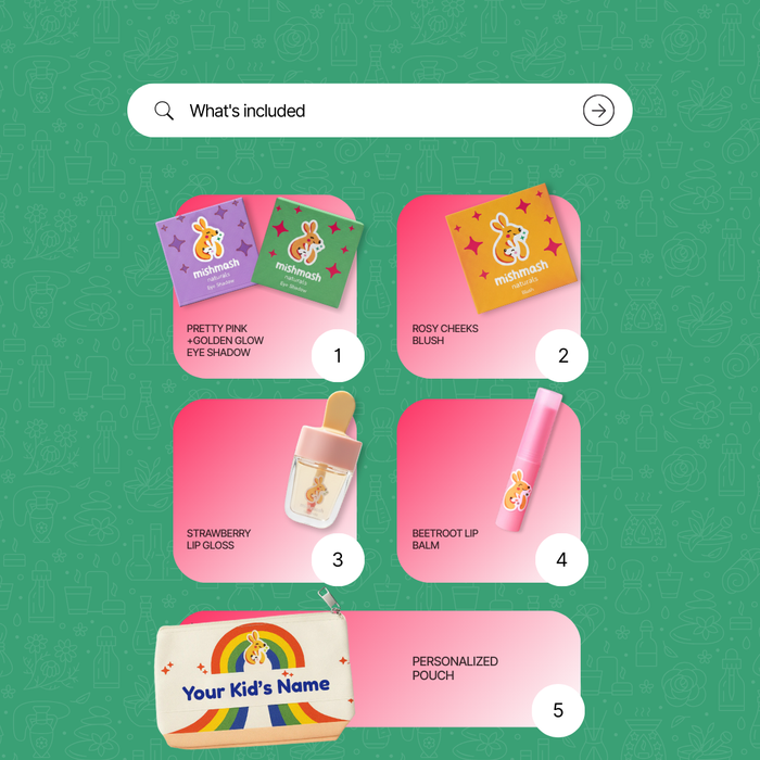 Children's makeup set with items and a personalized pouch on a green background