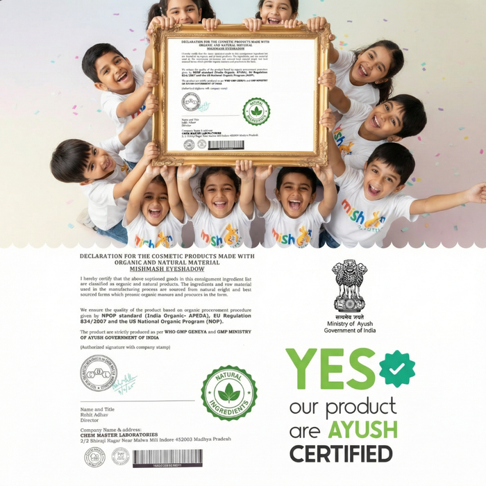 Children holding a framed document with certification logos, indicating Ayush certification.
